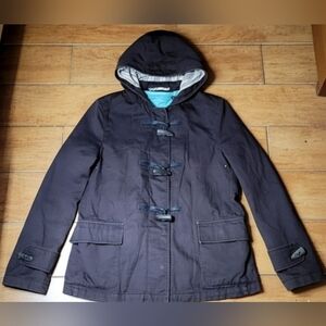 BURBERRY Brown Hoodie Nova Check Duffle Jacket Buffalo Horn Buttons Size XS/S